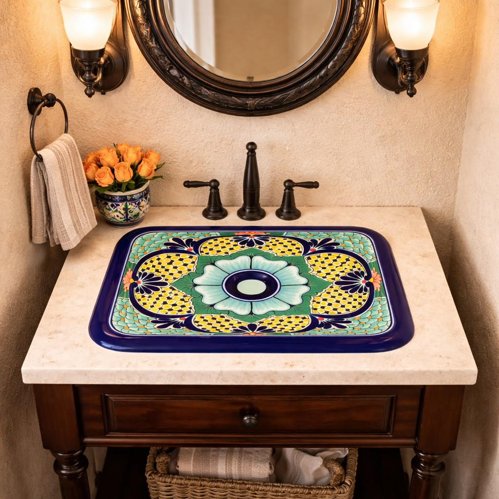 Rectangular talavera sink with blue yellow flor designn in powder room space with compact layout and elegant artisan presence