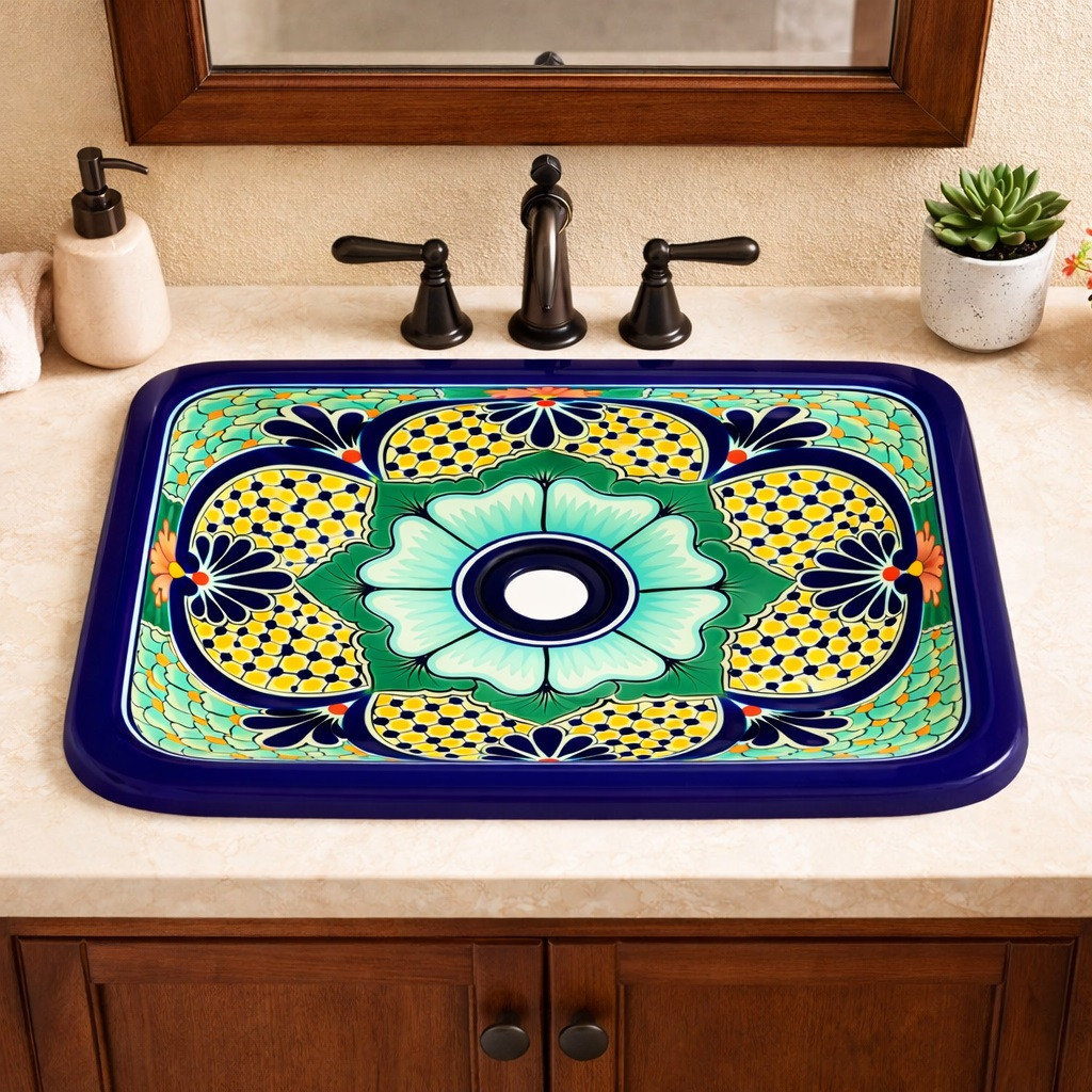 Rectangular talavera sink with blue yellow flor design in bathroom vanity with warm wood and natural light enhancing artisan ceramic details