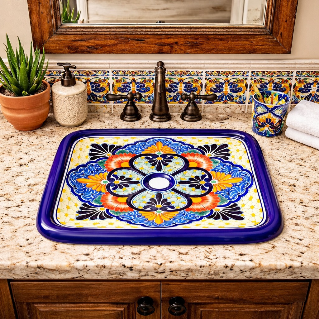 Rectangular talavera bathroom sink floral quatrefoil pattern in bathroom vanity with stone countertop