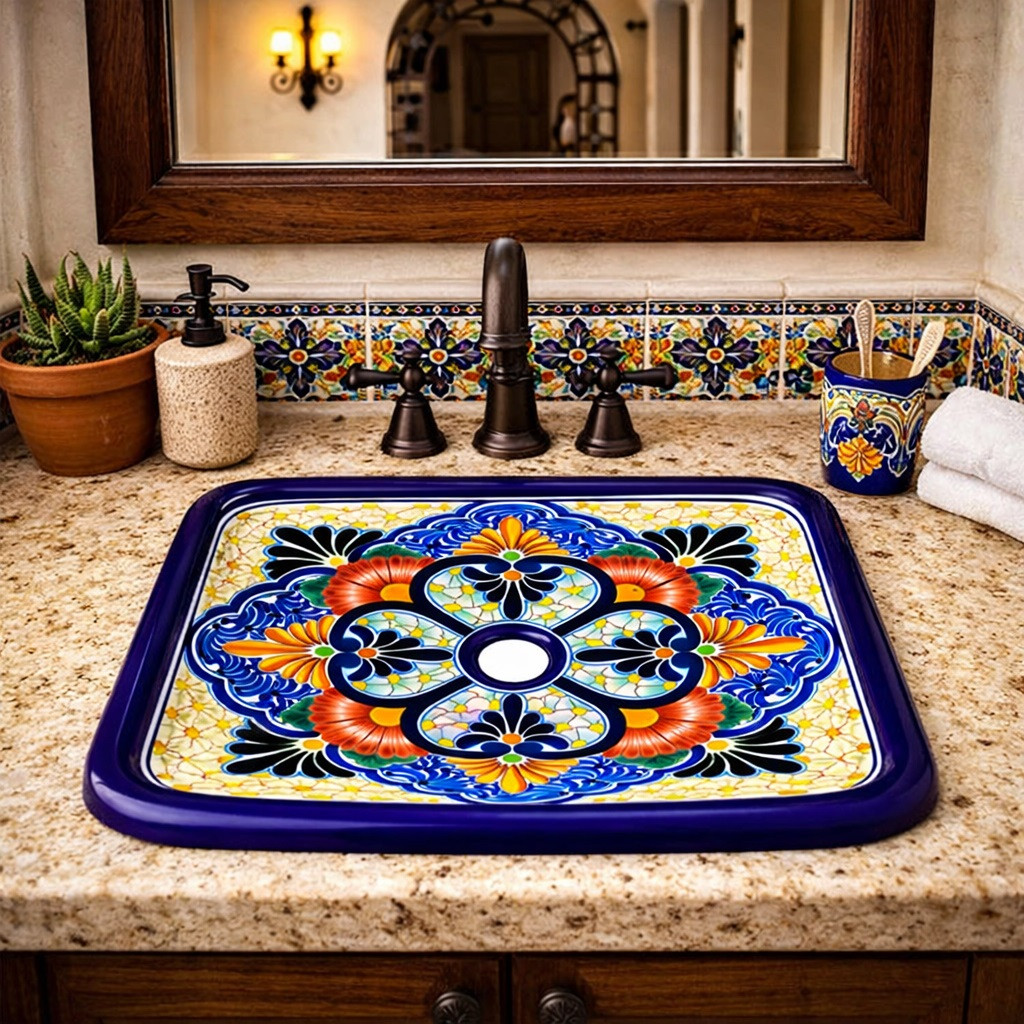 Rectangular talavera bathroom sink floral quatrefoil pattern in Spanish Revival bathroom