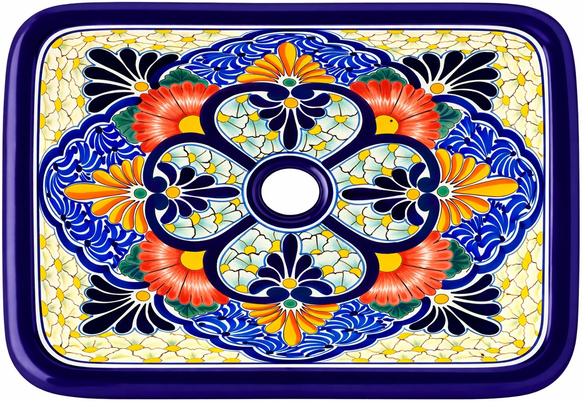 Rectangular talavera bathroom sink floral quatrefoil pattern