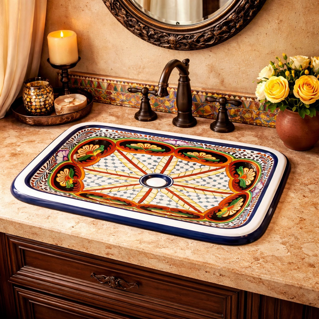 Rectangular talavera bathroom sink geometric starburst pattern in powder room with warm tones
