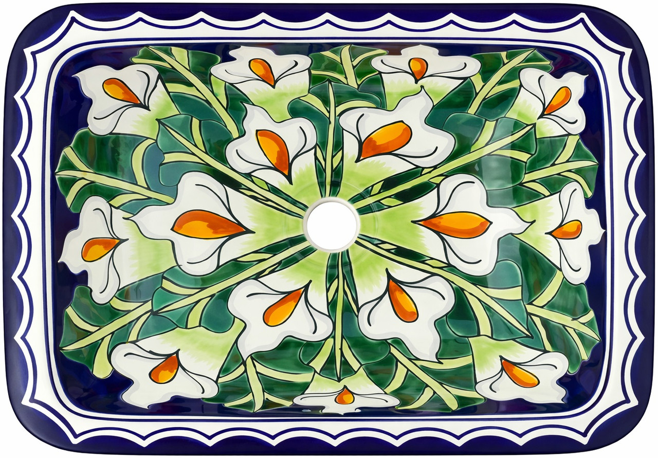 Rectangular talavera bathroom sink white calla lily design