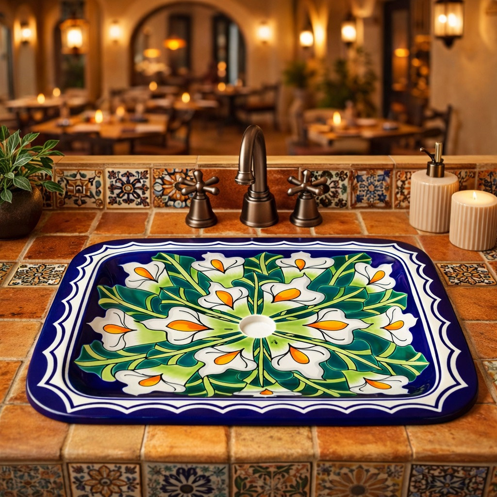Rectangular talavera bathroom sink white calla lily design in restaurant interior with warm decor