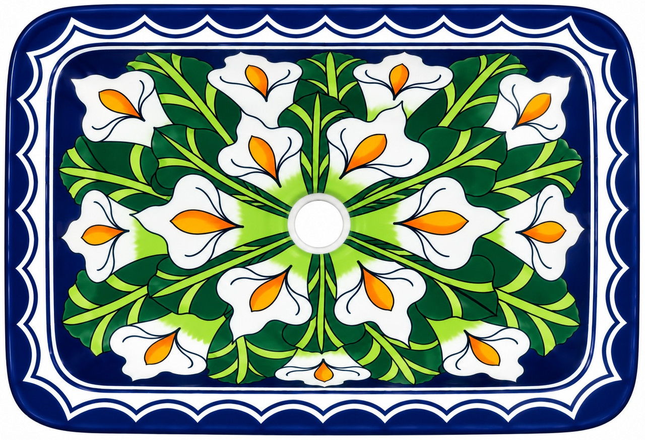 Rectangular talavera bathroom sink white calla lily design
