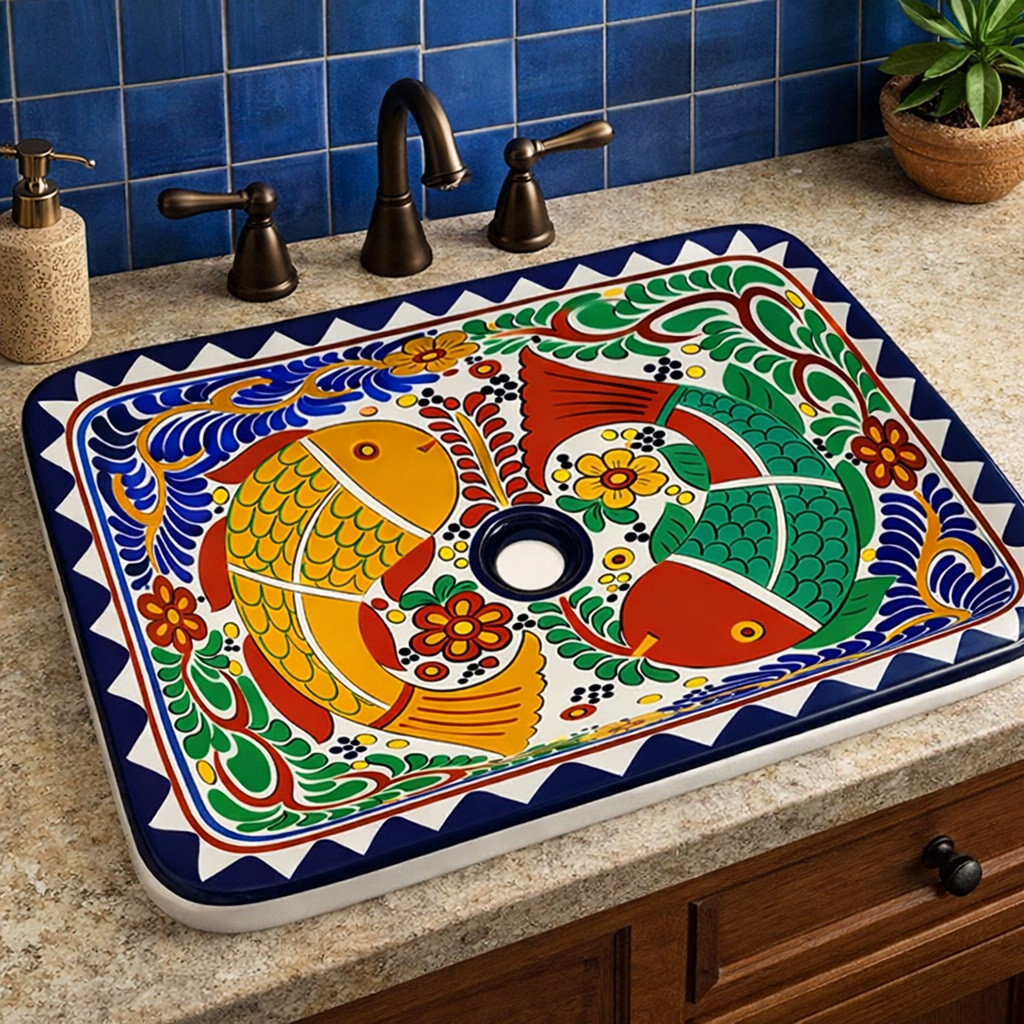 Rectangular talavera bathroom sink colorful fish design Mexico in bathroom vanity with stone countertop