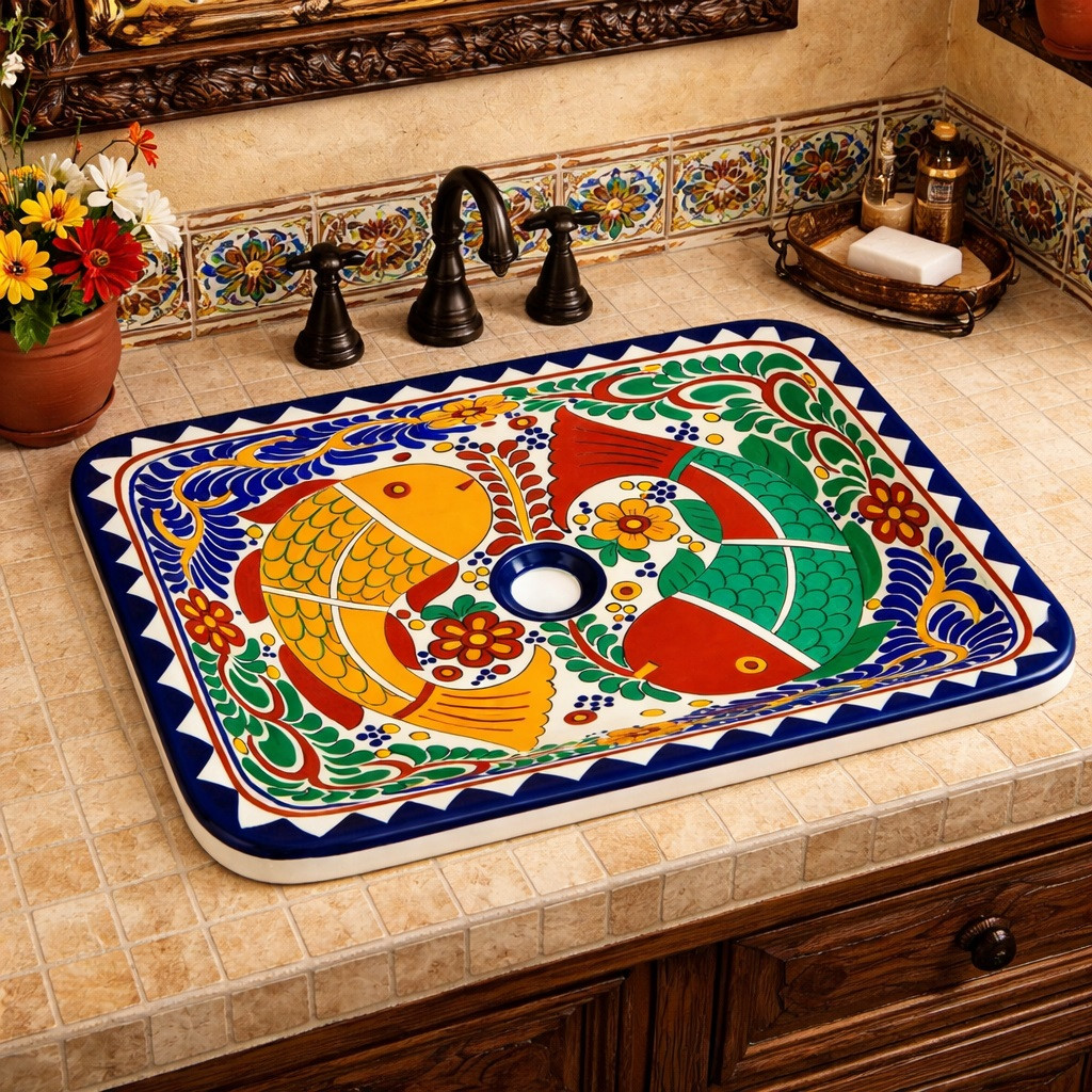 Rectangular talavera bathroom sink colorful fish design Mexico in Spanish Revival bathroom setting