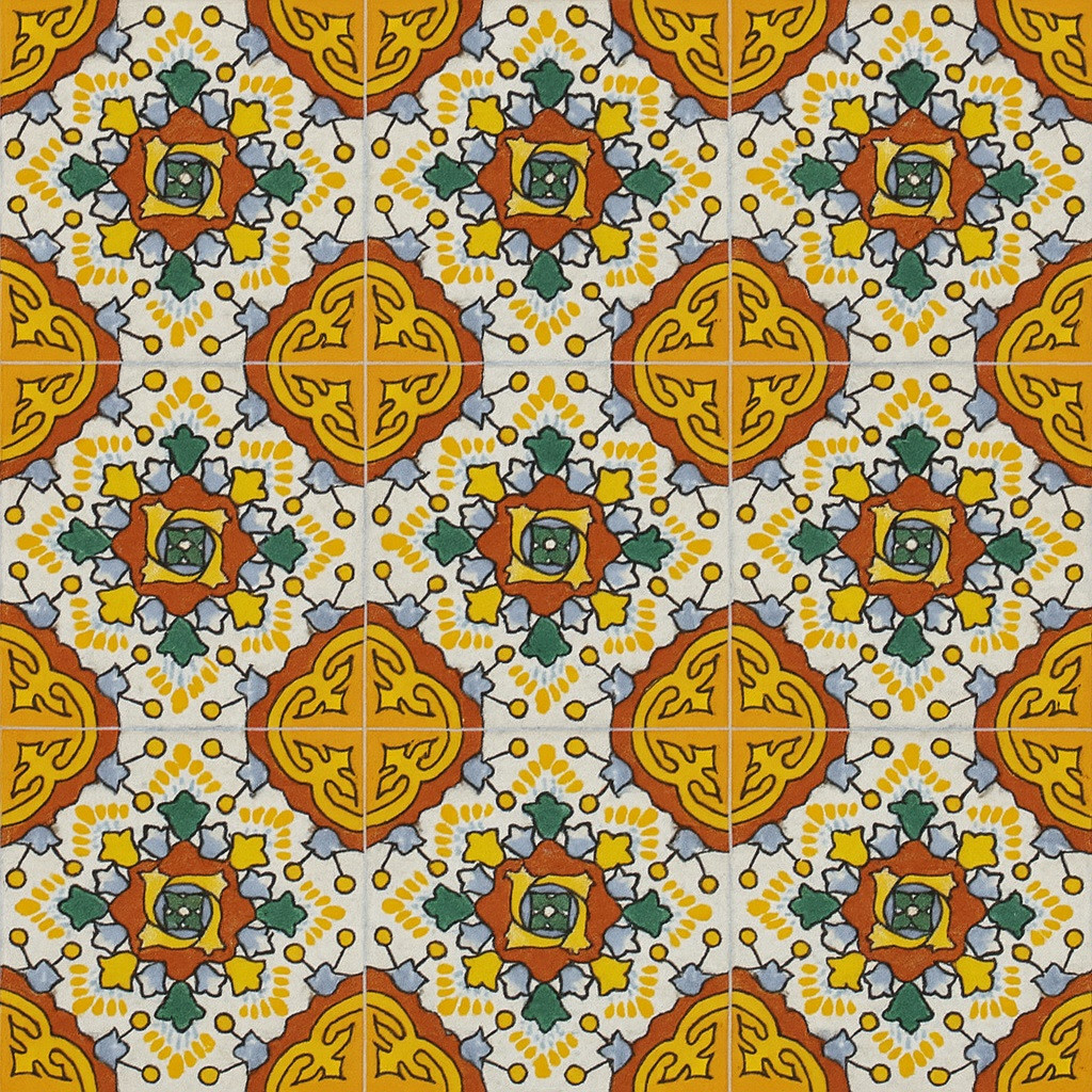Yellow red medallion talavera tile nine-piece set showing geometric medallion pattern and vivid colors