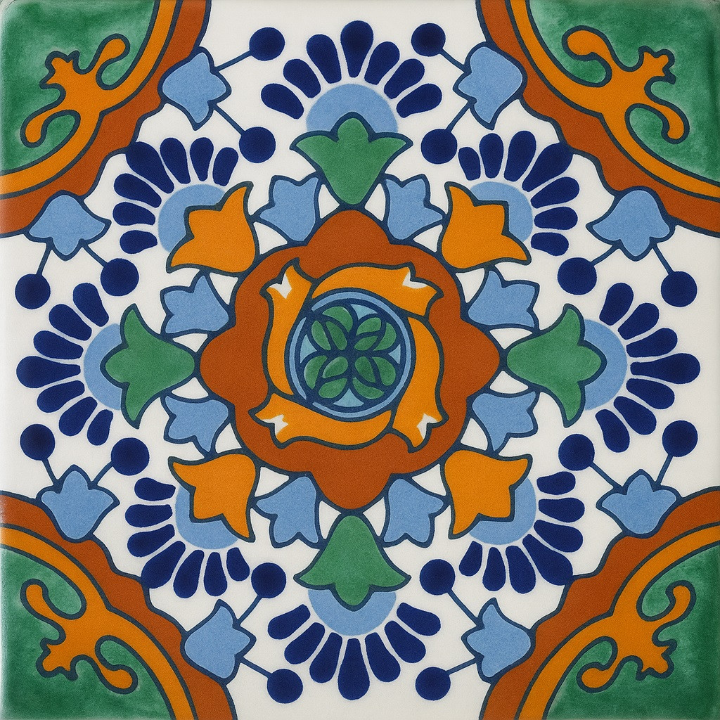 Cobalt Orange Green Talavera Tile | Mexican Medallion Design
