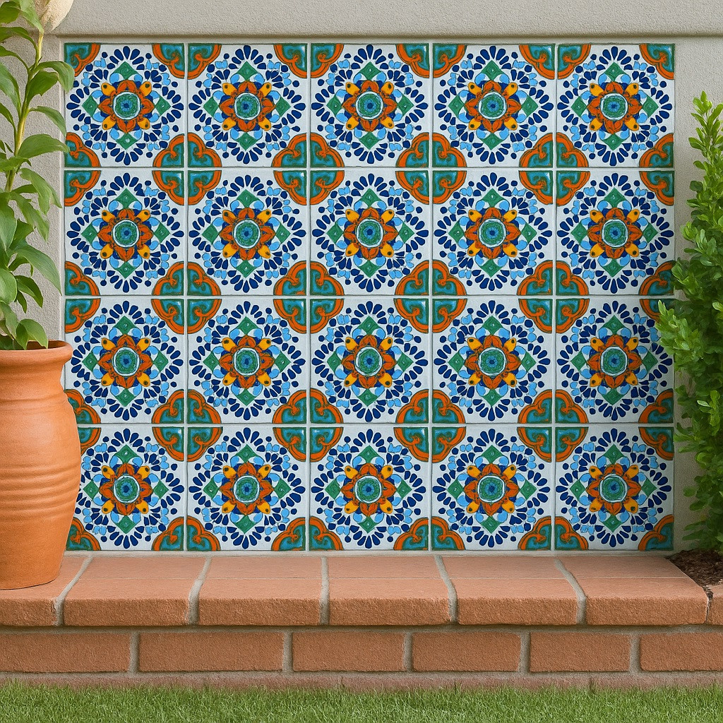 Cobalt Orange Green Talavera Tile | Mexican Medallion Design