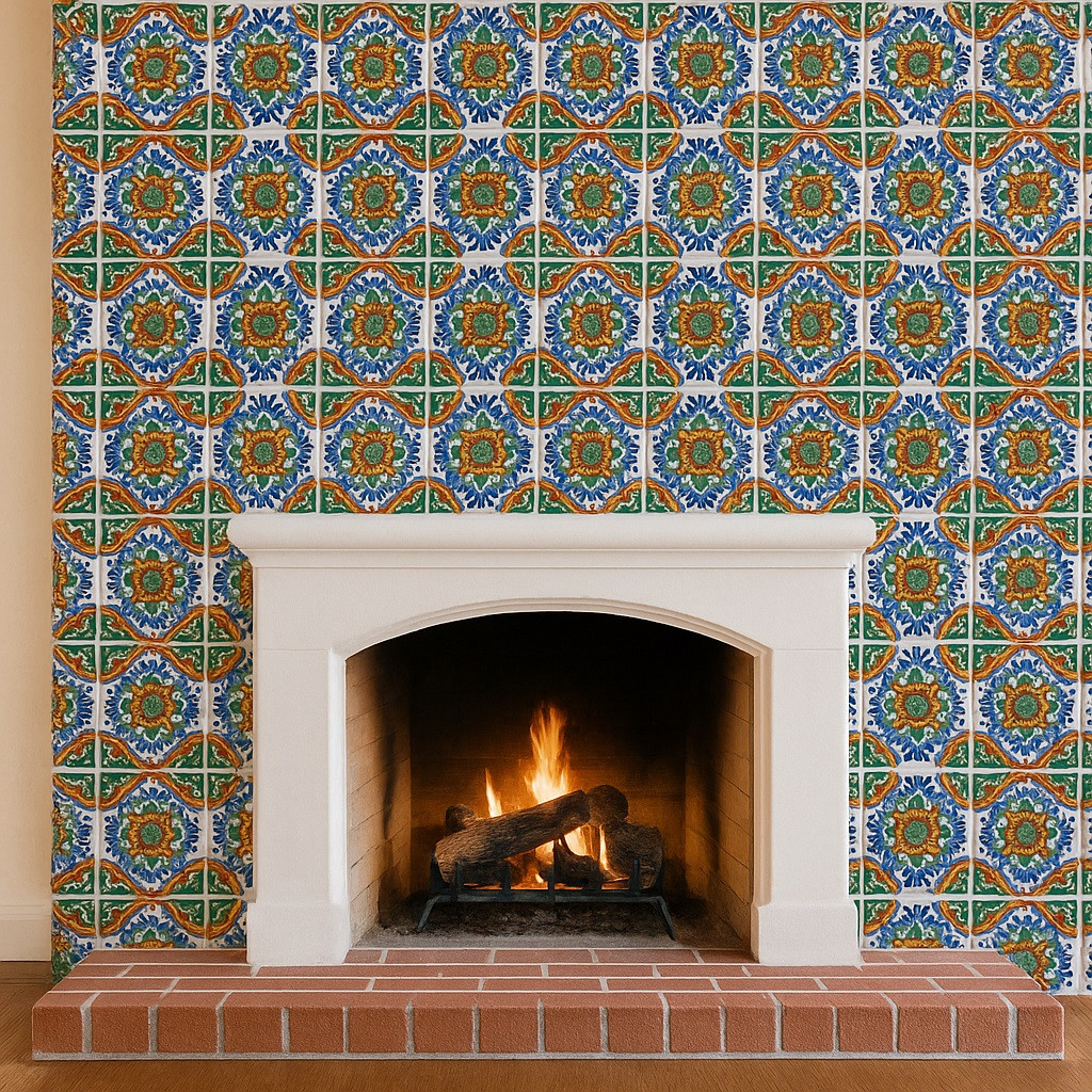 Cobalt Orange Green Talavera Tile | Mexican Medallion Design