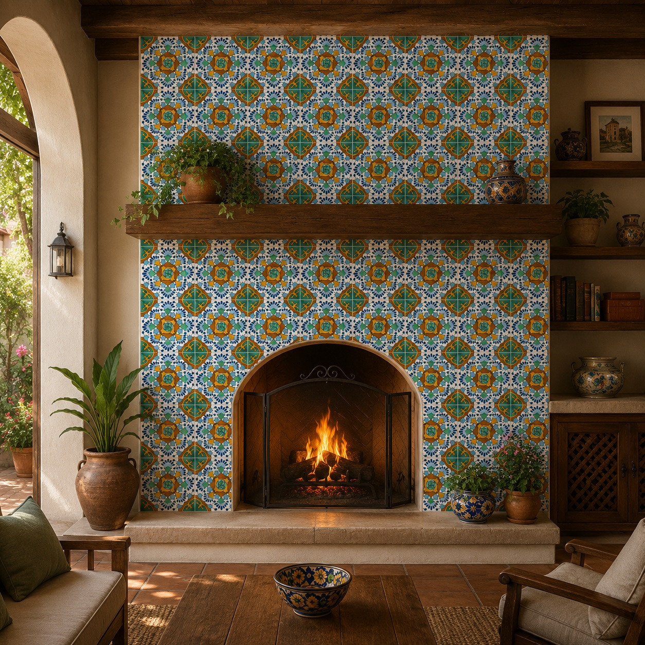 Cobalt orange green talavera tile featured on a fireplace wall creating a traditional artisan atmosphere