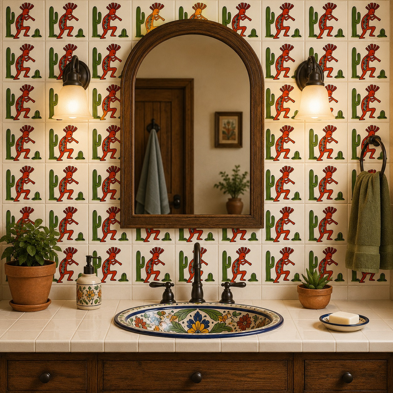 Kokopelli desert folk mexican tile featured behind a bathroom vanity highlighting handcrafted detail