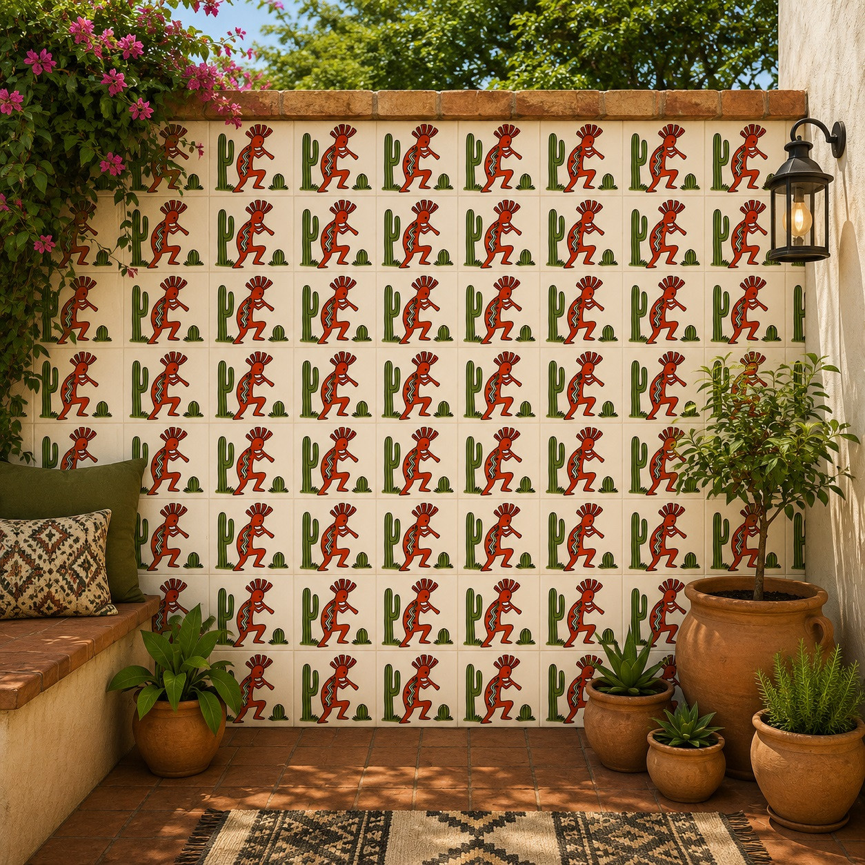 Kokopelli desert folk mexican tile displayed on a patio wall enhancing Southwestern style spaces