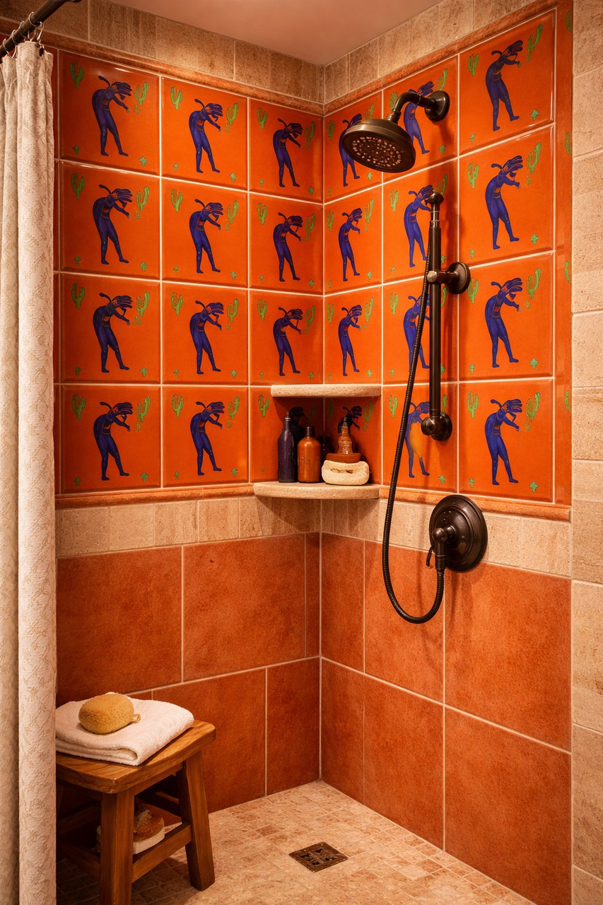 Kokopelli cobalt terracotta mexican tile used on a bathroom shower wall adding warm desert character