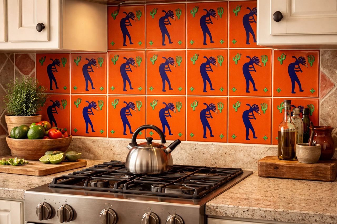 Kokopelli cobalt terracotta mexican tile installed as a kitchen backsplash with bold folk art presence
