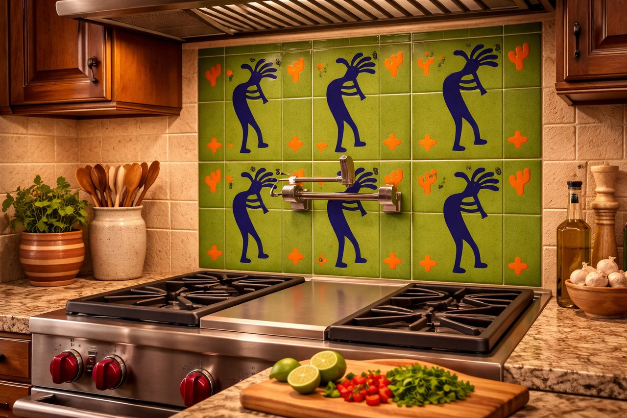 Kokopelli green cobalt mexican tile used as a kitchen backsplash adding bold desert folk character