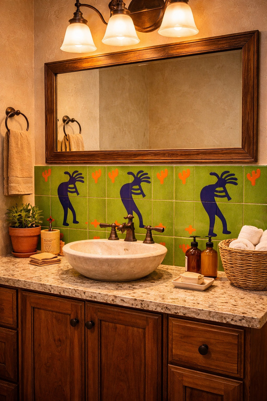 Kokopelli green cobalt mexican tile featured behind a bathroom vanity highlighting handcrafted design