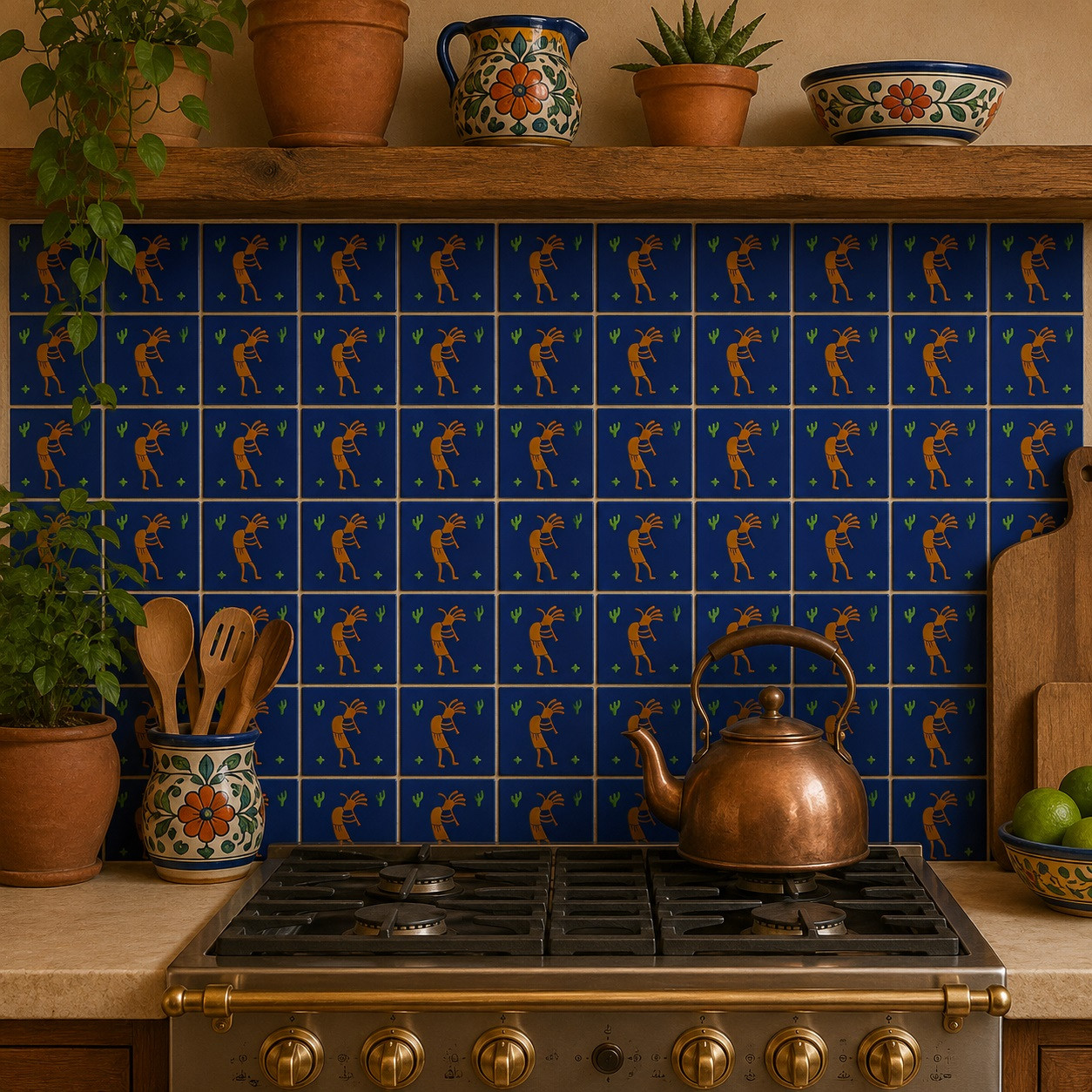 Kokopelli desert Mexican tile used on a kitchen wall backsplash creating a vivid Southwestern focal point