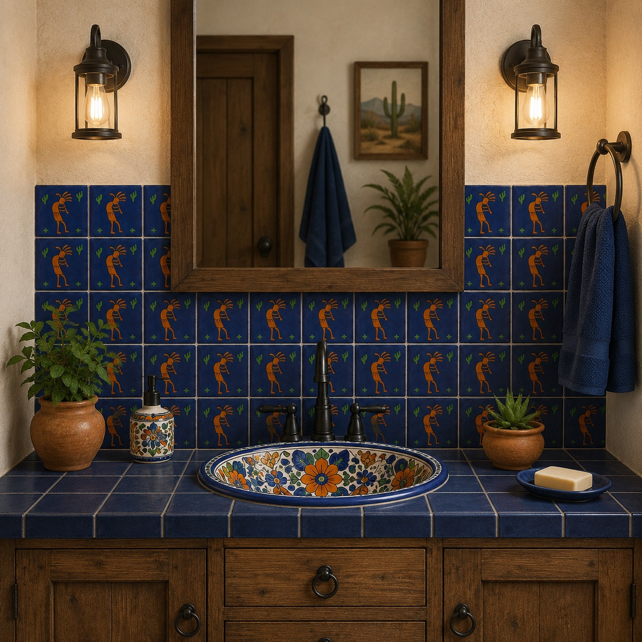 Kokopelli desert Mexican tile installed above a bathroom vanity blending desert tones with artisan texture