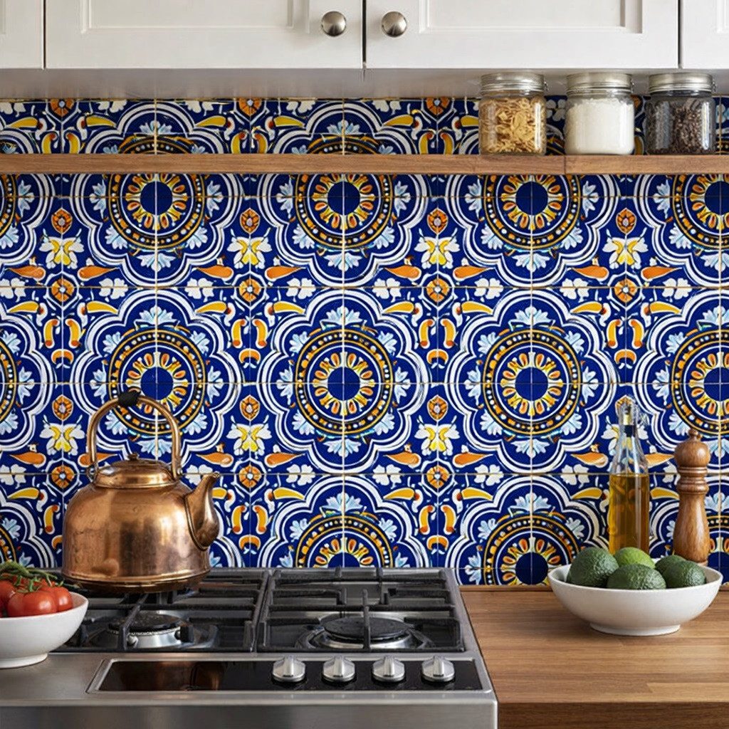 Cobalt sunburst talavera tile installed as a kitchen backsplash creating a bold handcrafted focal point