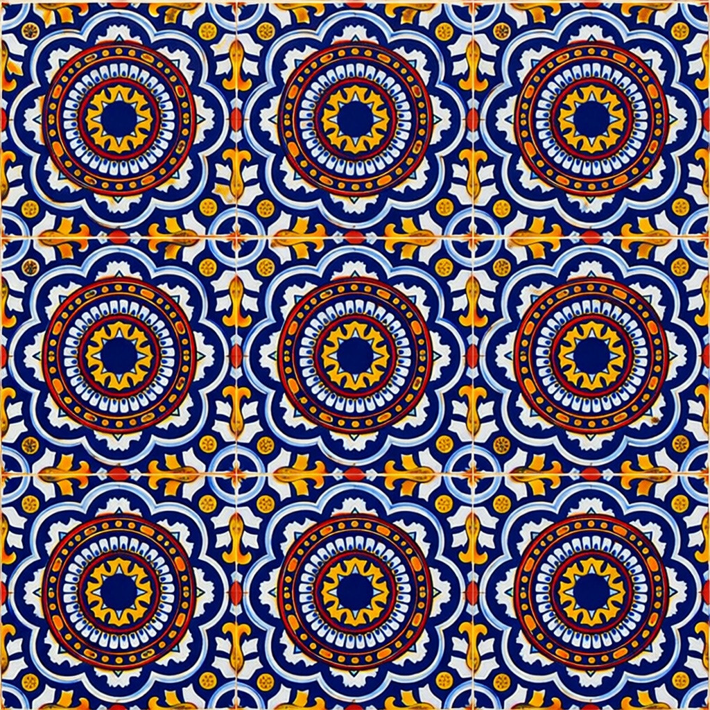 Cobalt sunburst talavera tile showing a nine tile set with continuous medallion design