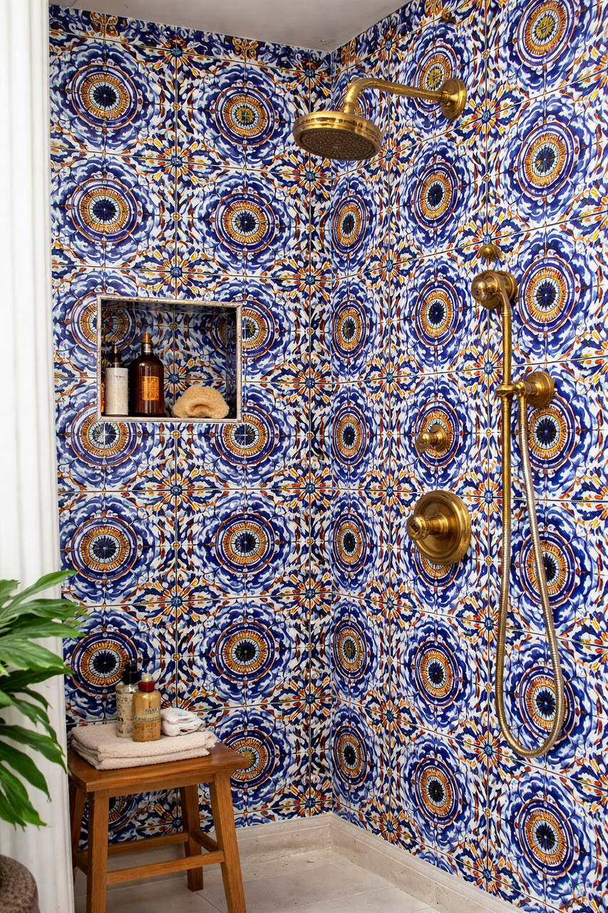 Cobalt sunburst talavera tile featured on a shower wall bringing traditional Mexican character to the space