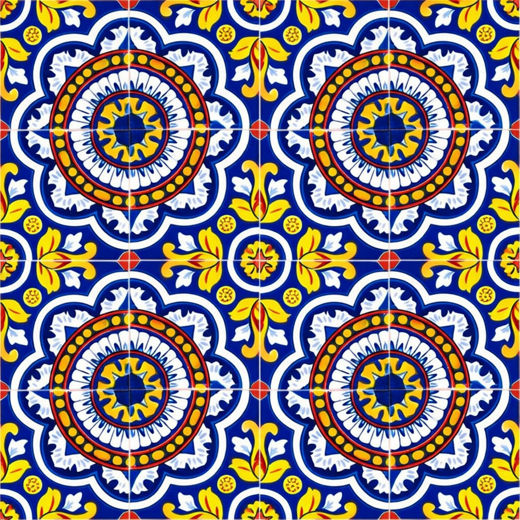 Cobalt medallion talavera tile nine tile set with solid cobalt blue and medallion pattern