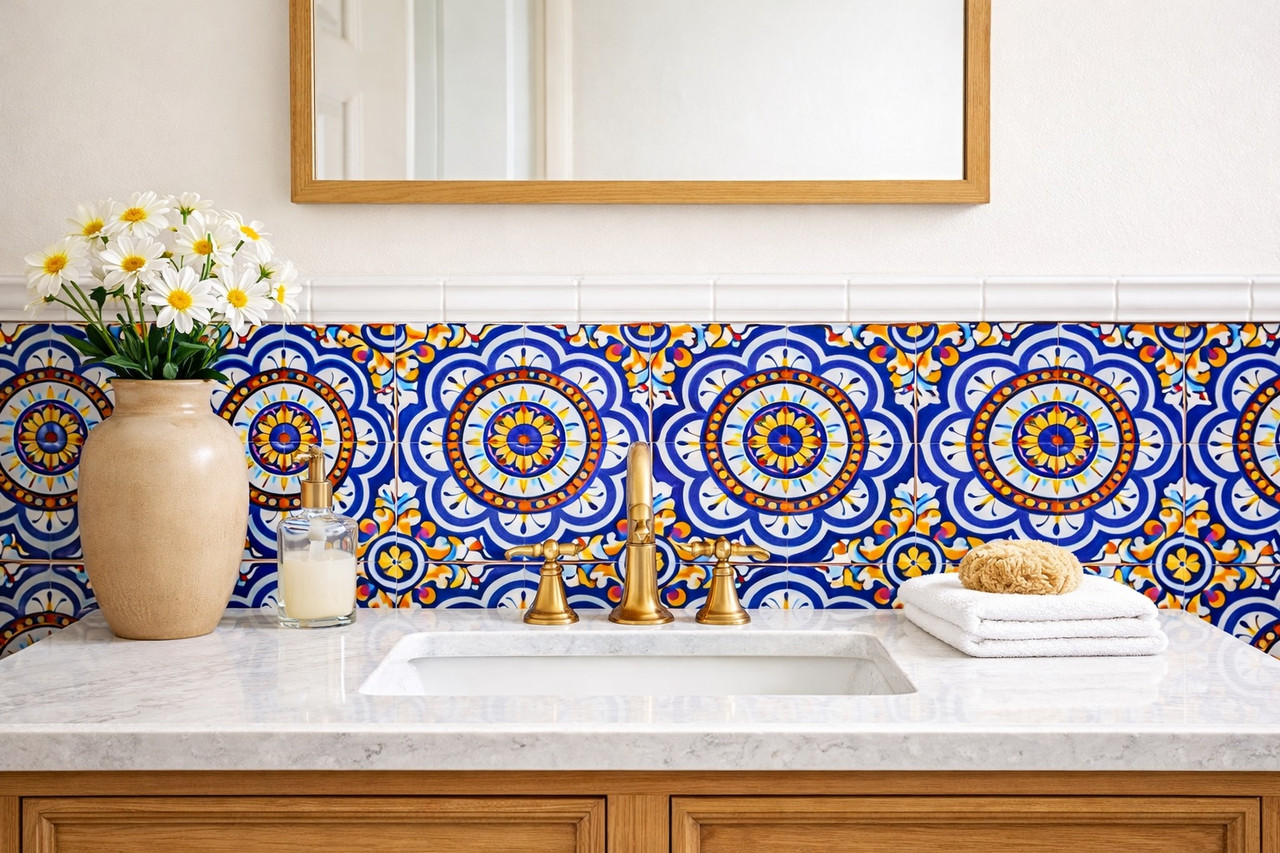 Cobalt medallion talavera tile used in a bathroom vanity wall with clean white grout lines