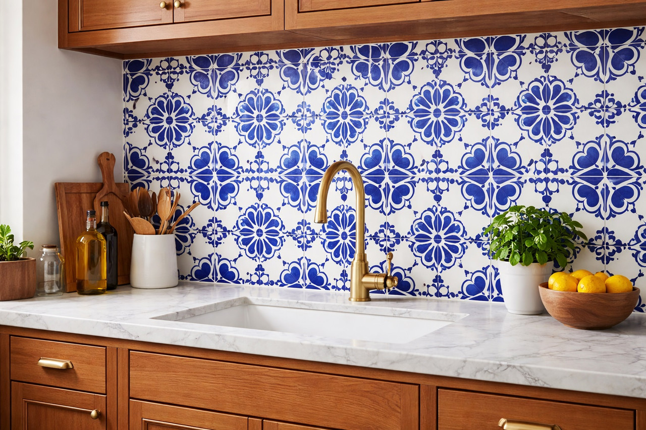 Cobalt rosette talavera tile installed as a kitchen backsplash with clean white grout lines