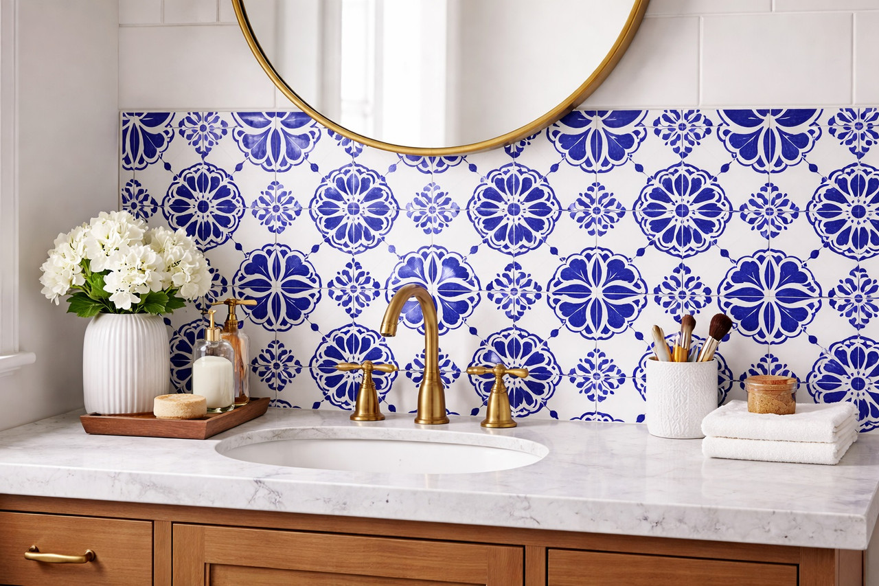 Cobalt rosette talavera tile used on a bathroom vanity wall creating a crisp classic accent