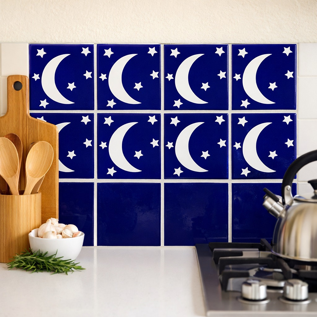 Talavera crescent moon star tile installed as kitchen backsplash with solid colors and clear grout lines
