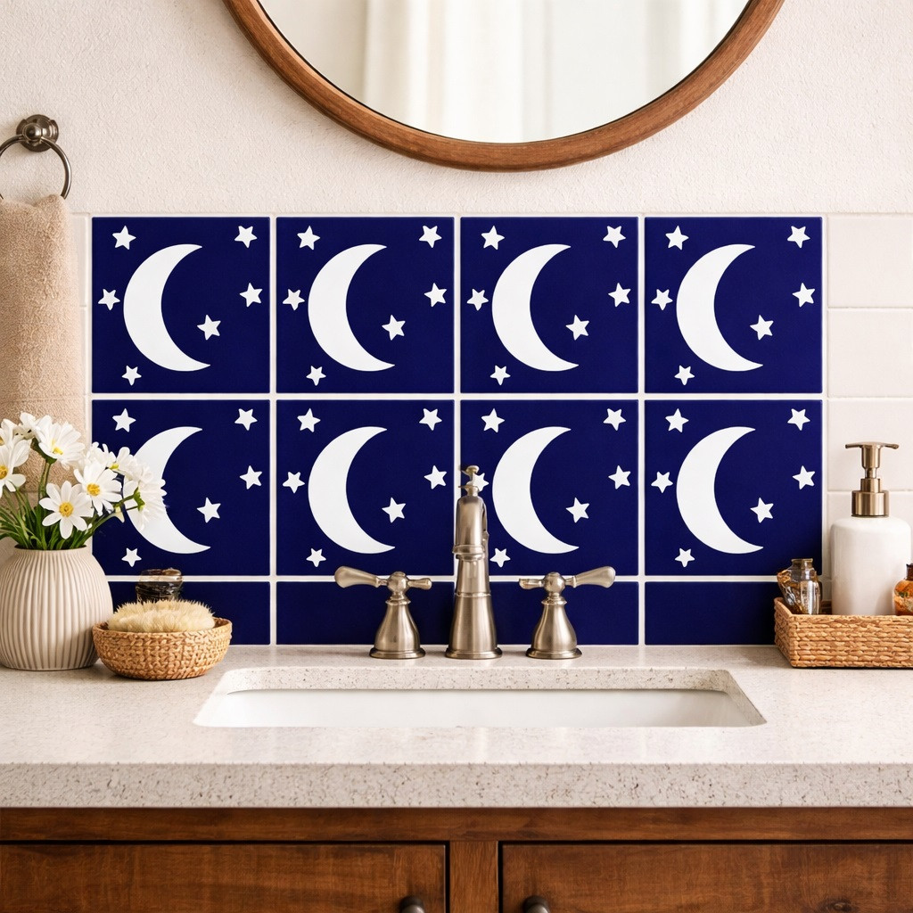 Talavera crescent moon star tile behind bathroom vanity adding handcrafted character and deep blue tone