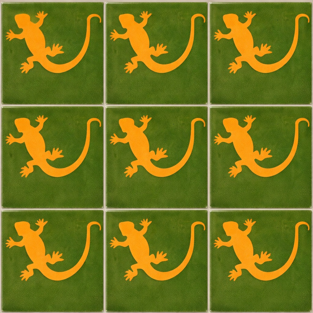 Mexican lizard motif ceramic tile nine tile set with solid green background and orange lizard