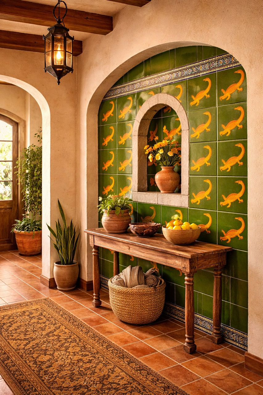 Mexican lizard motif ceramic tile hallway accent wall creating a bold focal point with folk style appeal