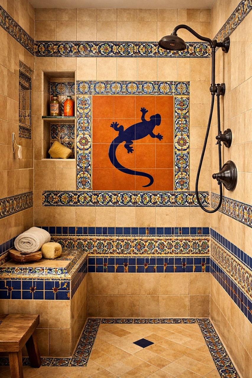 Mexican lizard silhouette tile installed in a bathroom shower creating a bold handcrafted focal wall