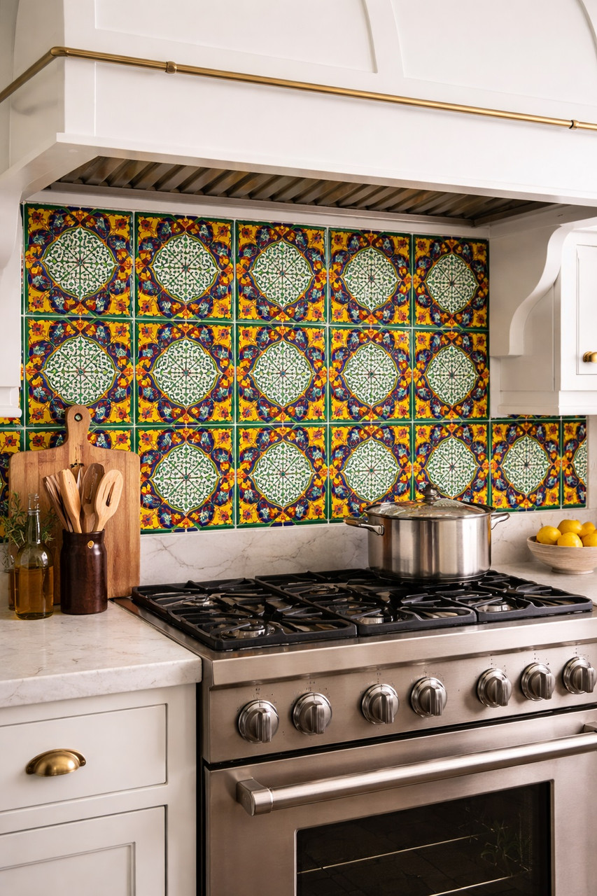Talavera geometric medallion tile installed as kitchen backsplash adding bold color and artisan symmetry