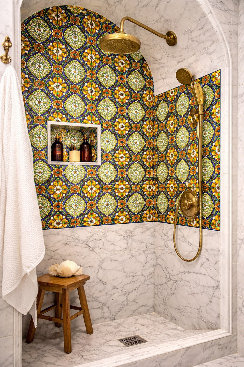 Talavera geometric medallion tile featured in bathroom shower with solid colors and balanced pattern