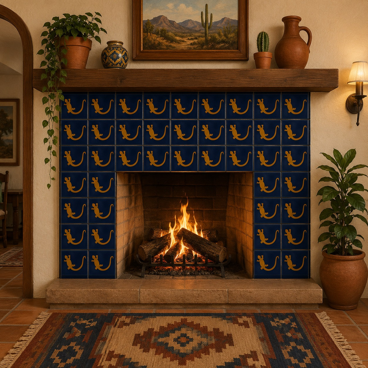 Golden lizard cobalt mexican tile 4x4 inch featured on a traditional fireplace wall with cultural elegance