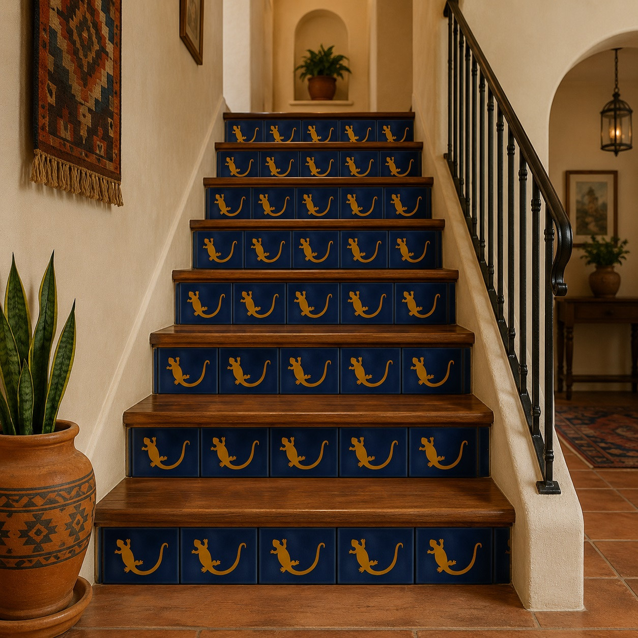 Golden lizard cobalt mexican tile 6x6 inch decorating stair risers with bold cobalt and golden contrast