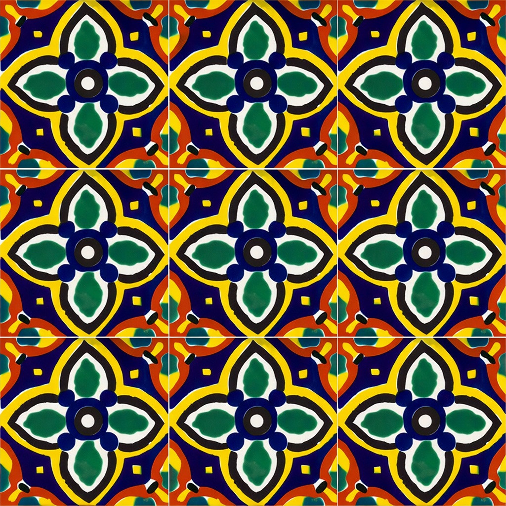Talavera four petal medallion tile arranged as a nine tile set with clear grout lines