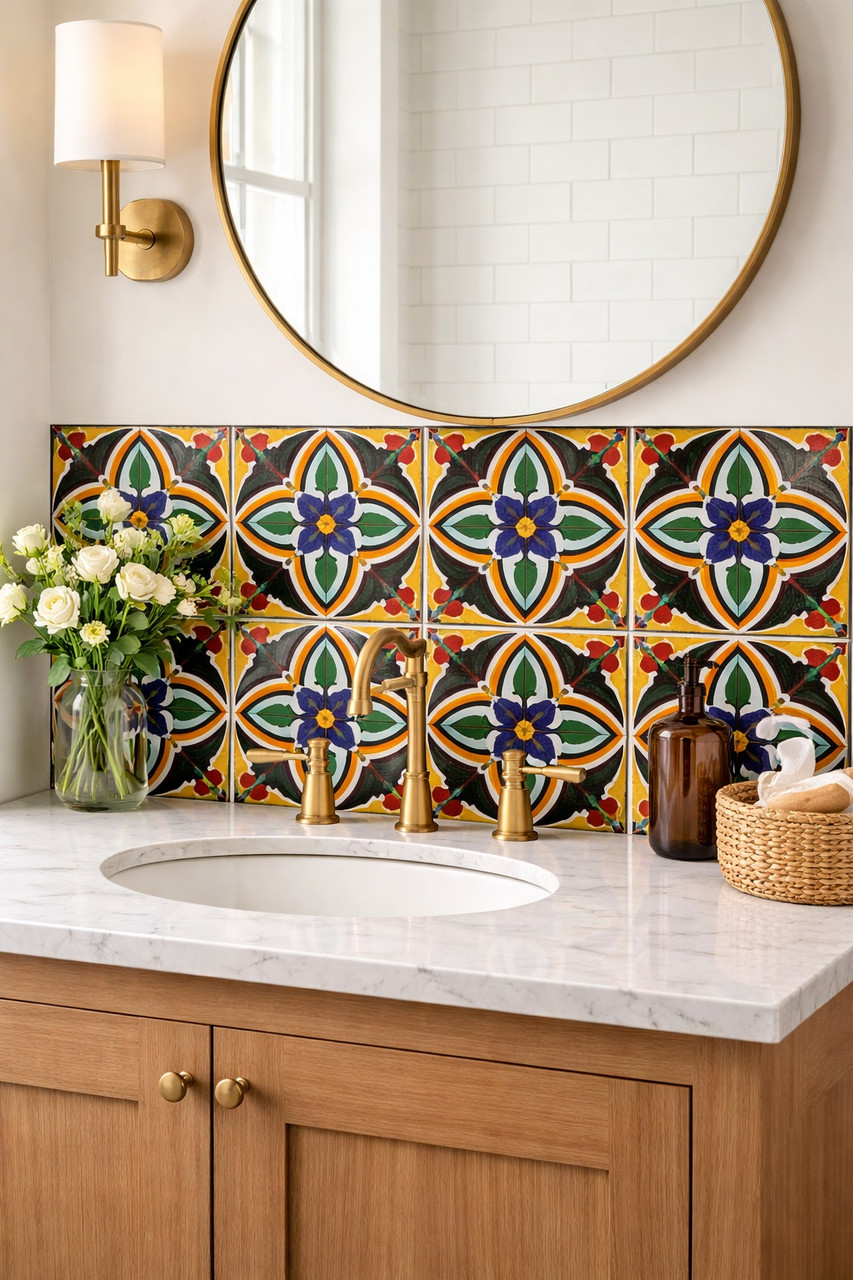 Talavera four petal medallion tile featured behind a bathroom vanity creating a traditional focal surface