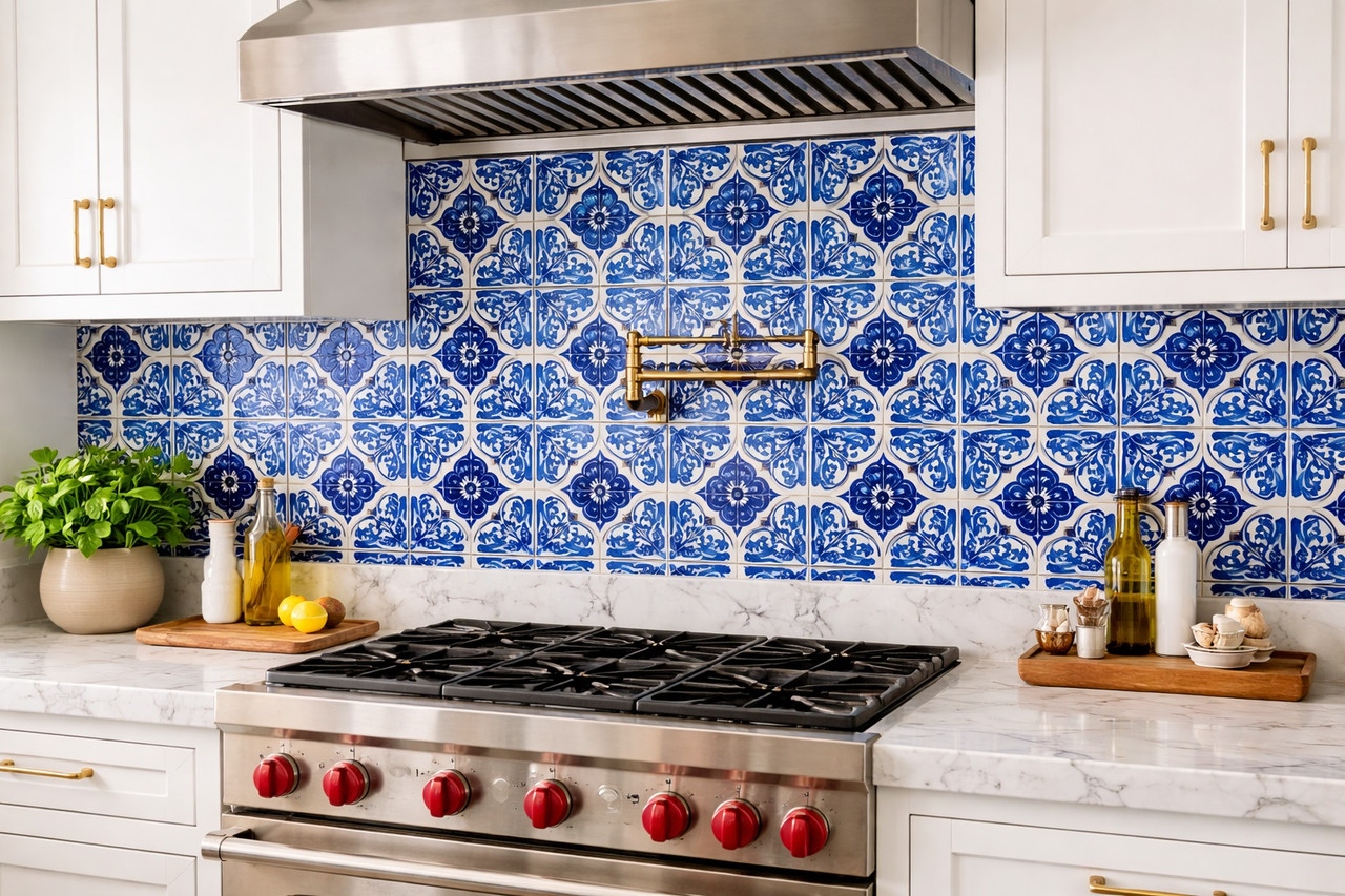 Talavera blue medallion tile installed as kitchen backsplash with solid colors and crisp pattern definition