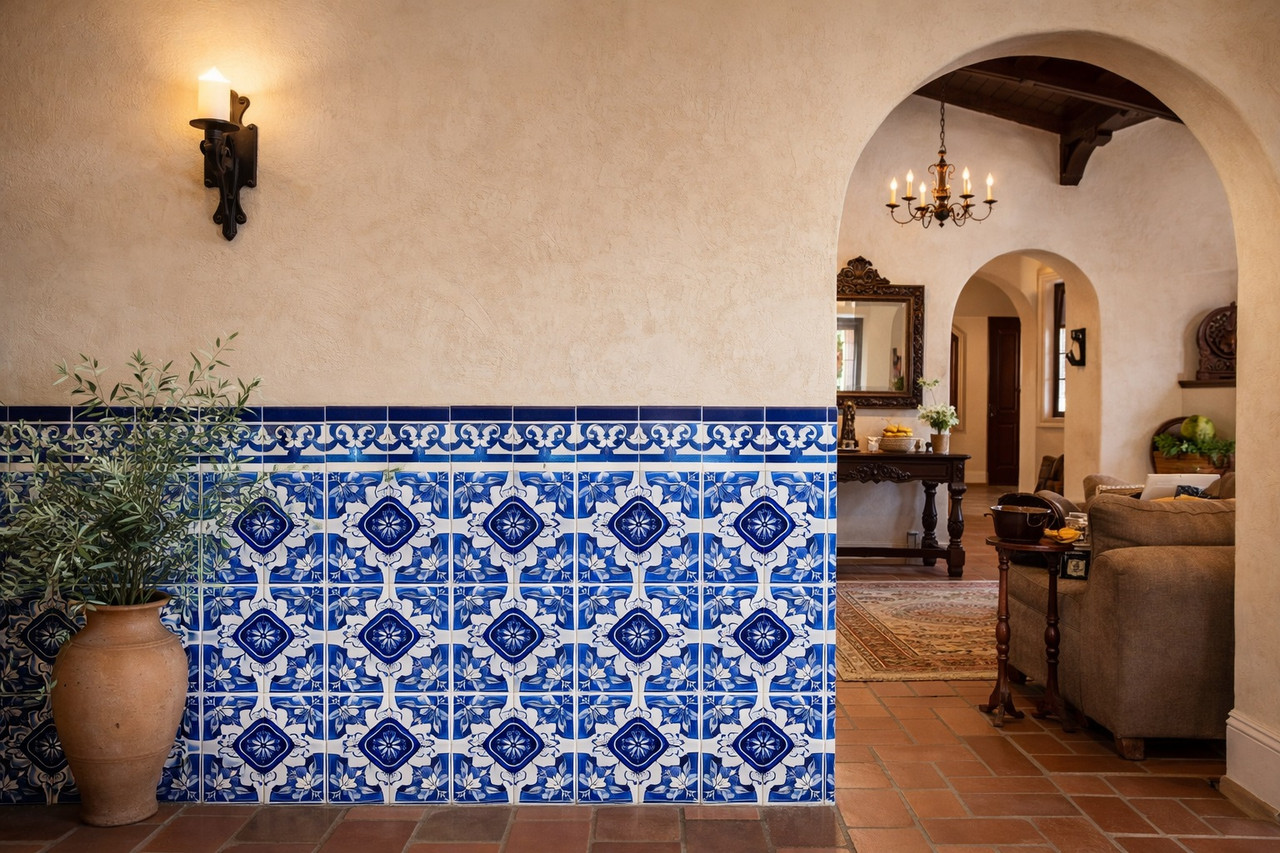 Talavera blue medallion tile in Spanish Revival interior adding classic character and structured design