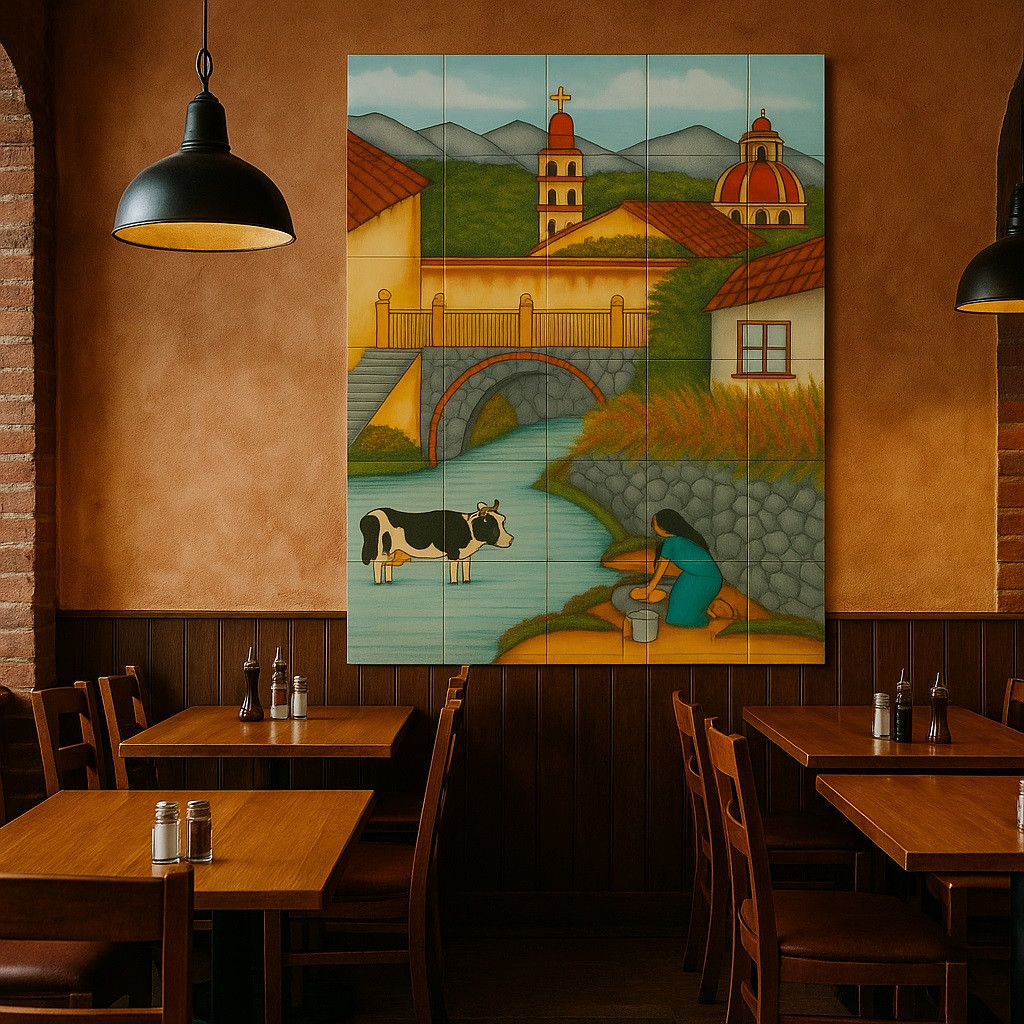Talavera tile mural river village decorating a restaurant wall with handcrafted Mexican artistry and vivid color