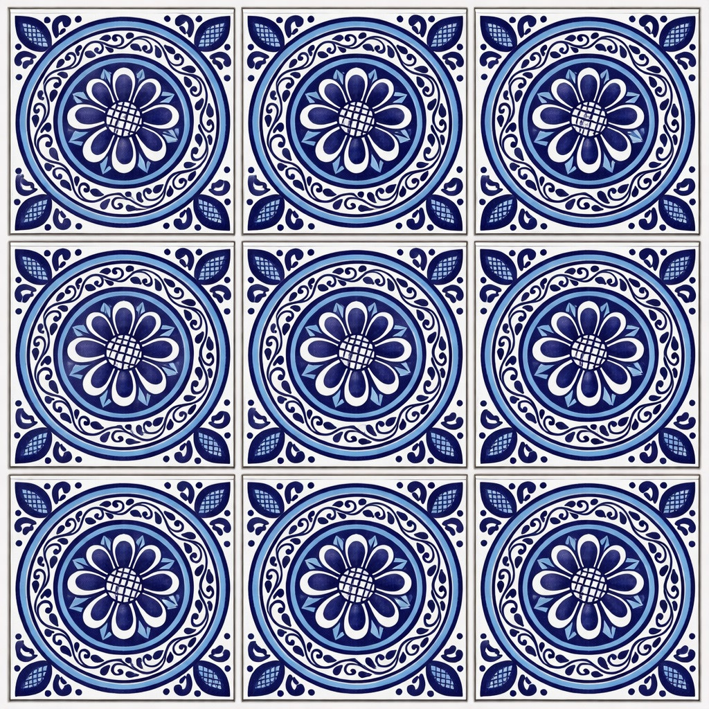 Blue medallion talavera tile shown in a three by three tile set with visible light cement joints