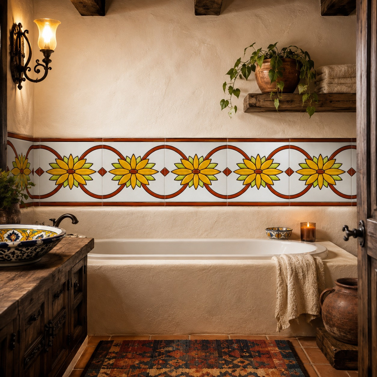 Mexican yellow flor over white relief border talavera tile in a rustic bathroom wall