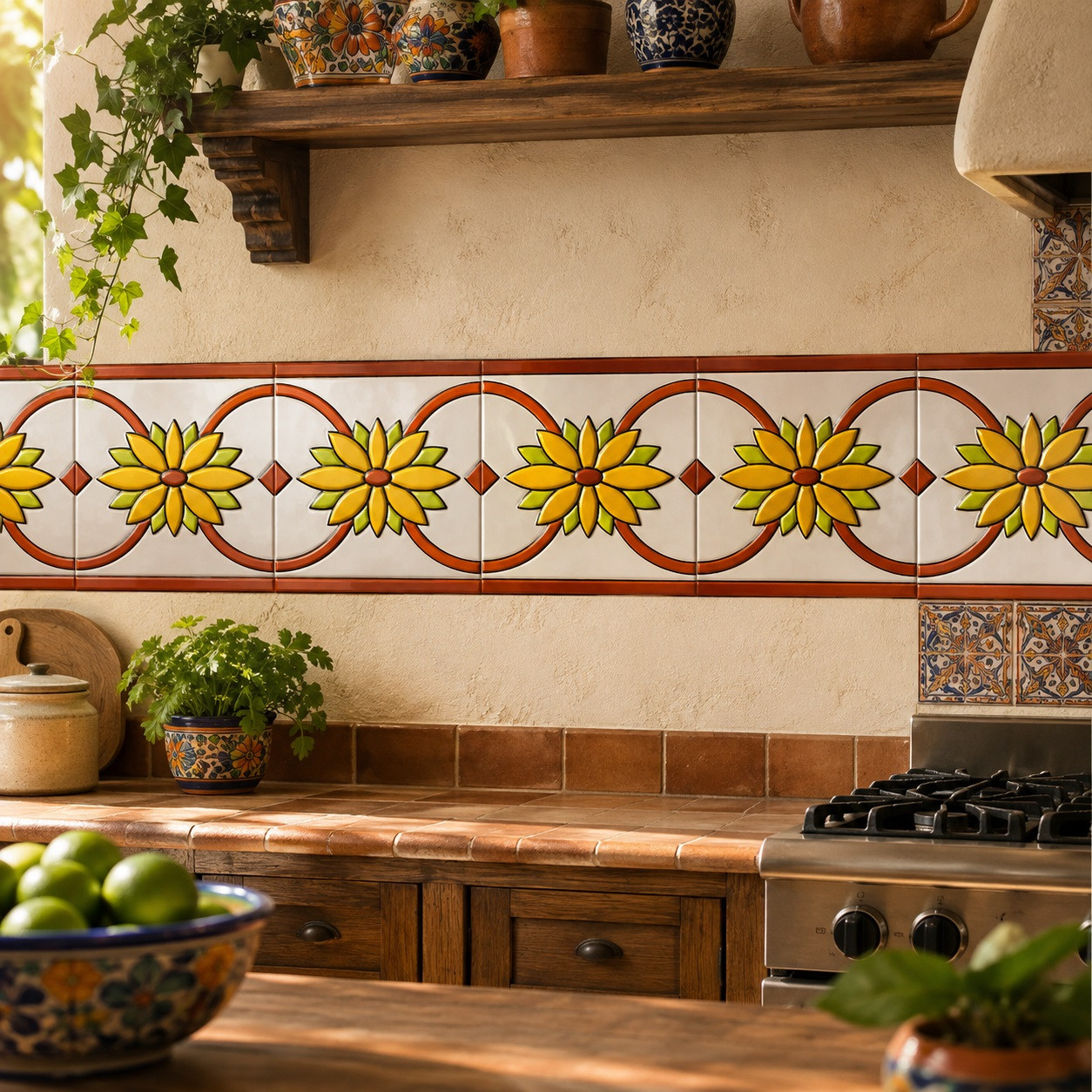 Mexican yellow flor over white relief border talavera tile in a colorful Mexican kitchen