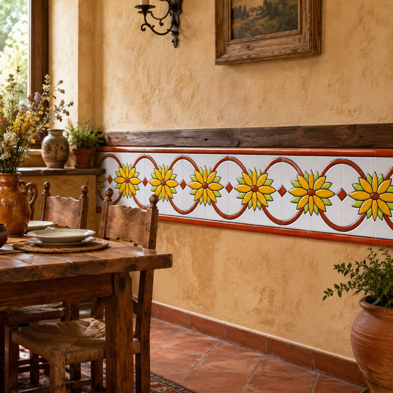 Mexican yellow flor over white relief border talavera tile in a rustic dining room
