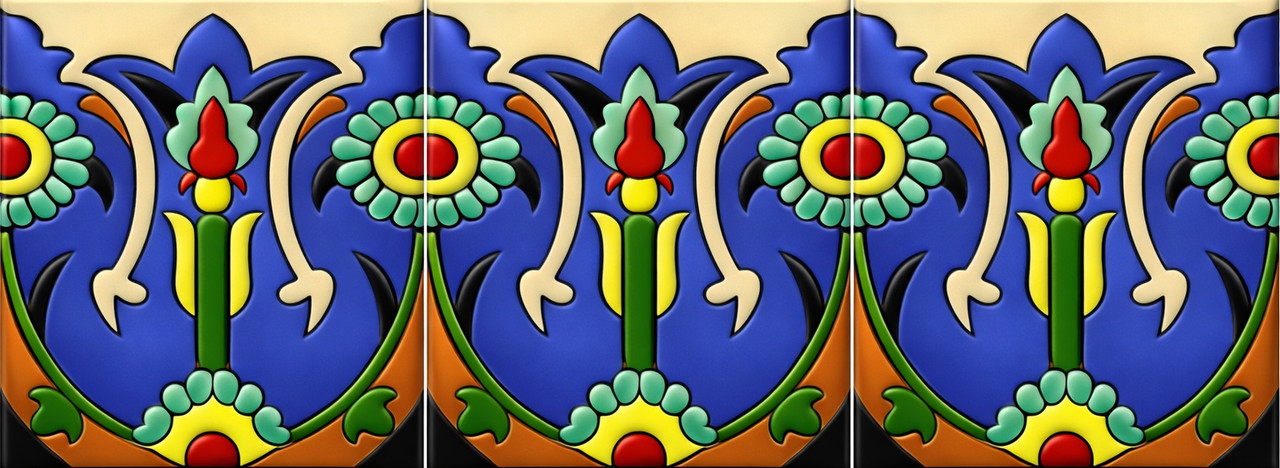 Talavera tulip floral relief border mexican tile three piece set with raised tulip motif